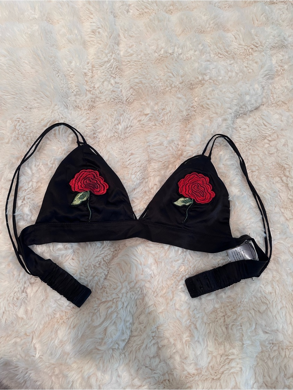 Black Triangle Bralette with Red Rose Embroidery